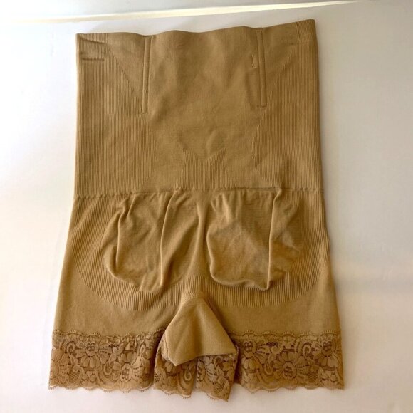High-Waisted Shapewear Shorts Lace Trim Beige Seamless Butt Lifter Shorts - Picture 2 of 8